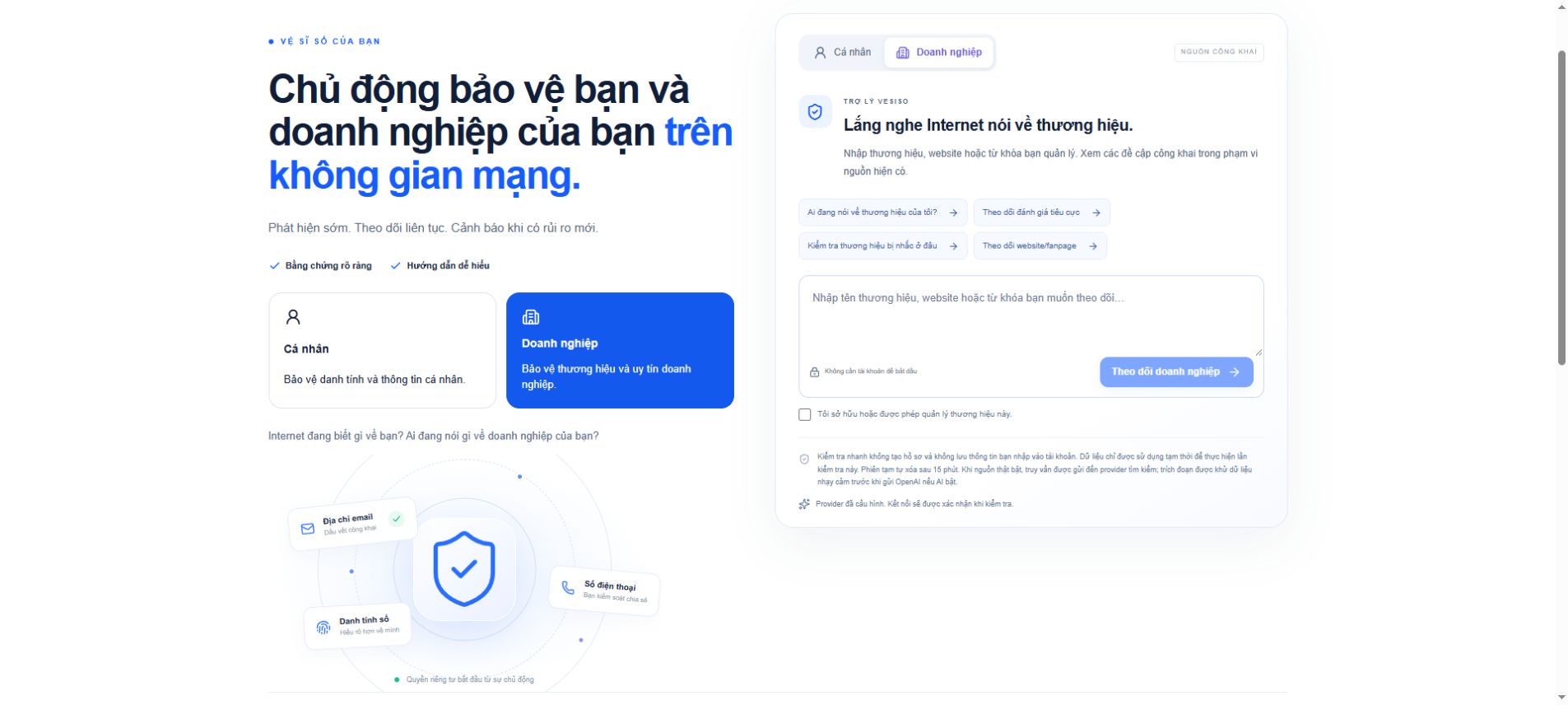 Giao diện chat VESISO ở chế độ Doanh nghiệp, chưa nhập thông tin kiểm tra